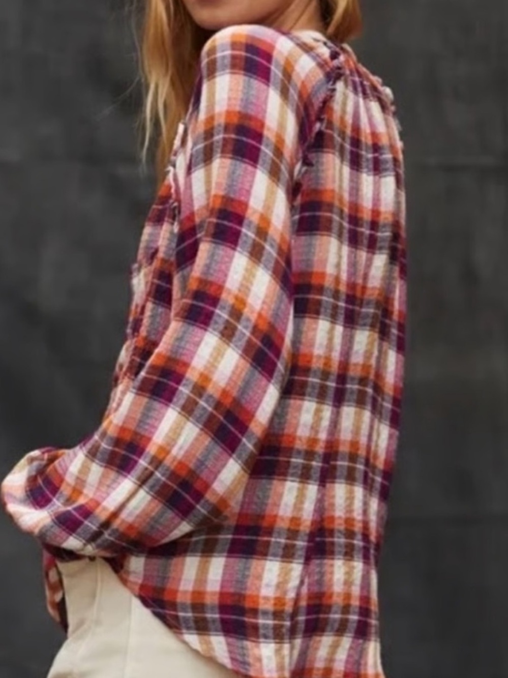 Pilcro Breezy Plaid Boho Button Down Top Size L - Picture 2 of 7
